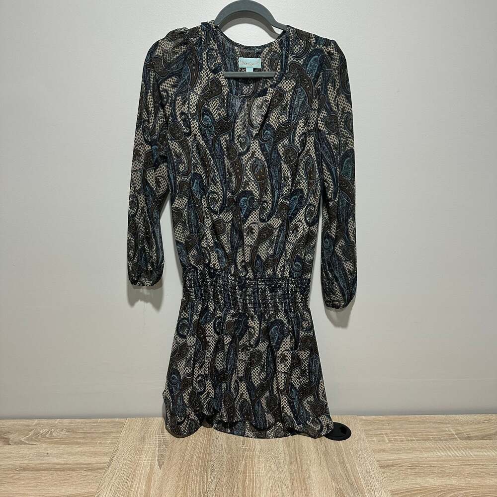 Veronica M. Paisley Print Smocked Waist Boho V-Neck Dress, Brown/Blue